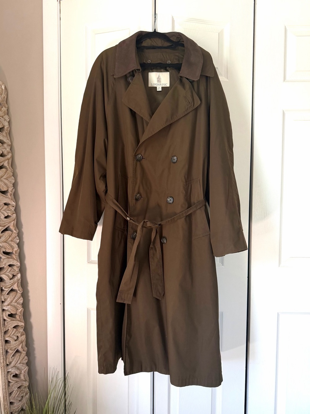 London Fog Men's Olive Brown Double-Breasted Trench Coat with Waist Tie